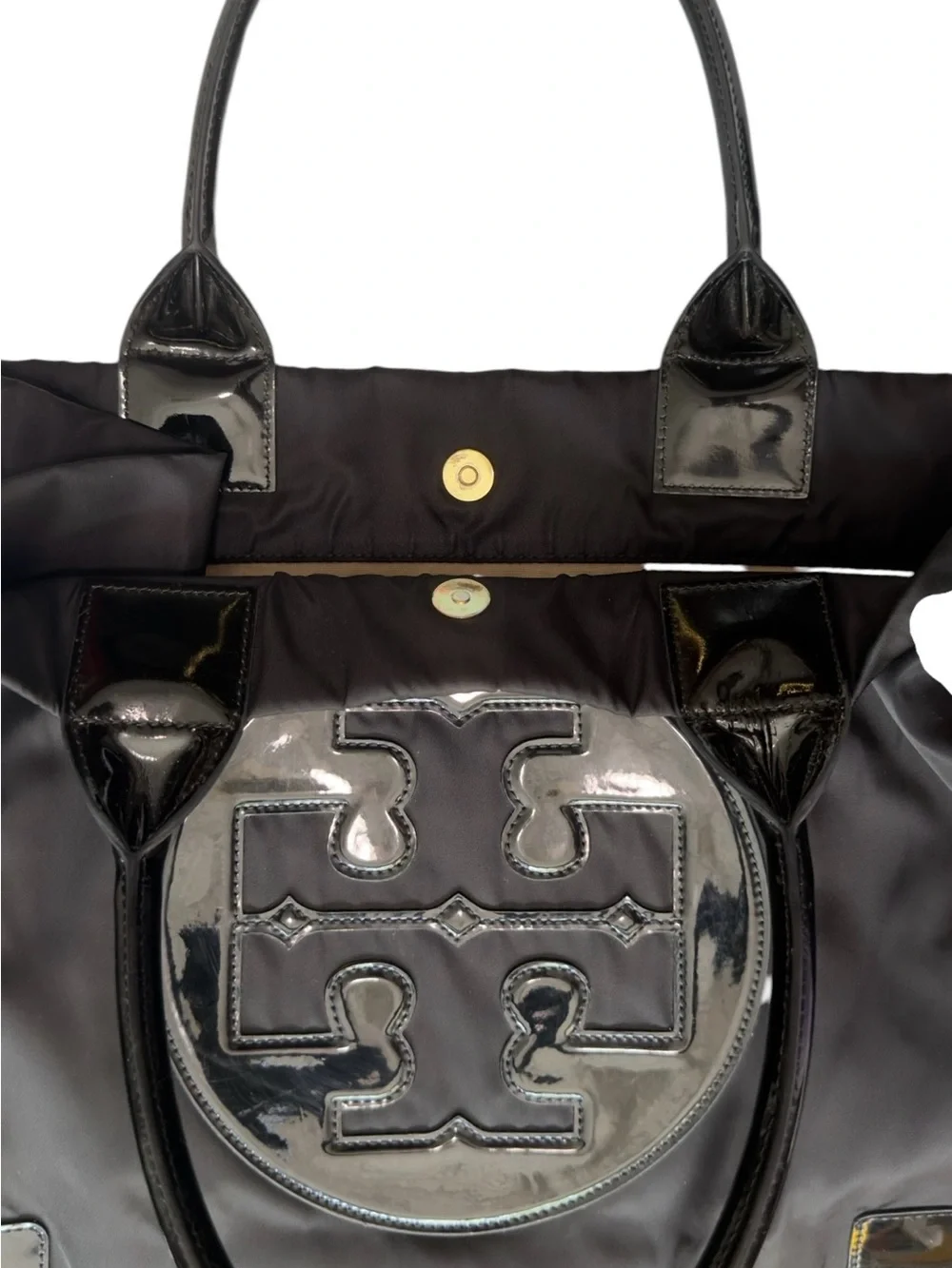 Tory Burch Black Nylon Tote with Patent Trim and Logo
